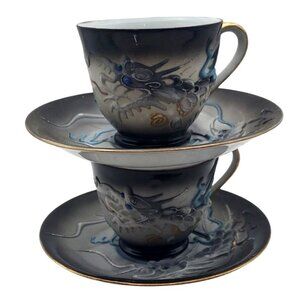 Vintage MCM Japanese Dragonware Moriage Demitasse Cups and Saucers Set Of 2